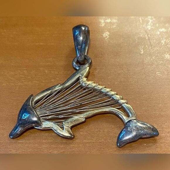 Silver Tone Dolphin Skeleton Fishbone Pendant Nautical Charm 2” - Picture 1 of 3